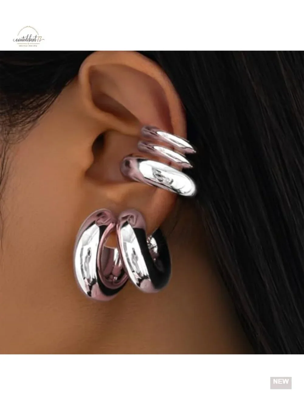 5-Piece Chunky Gold Huggie Hoop Ear Cuff Set Clip On Non Piercing Statement